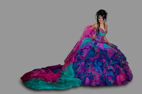Gown Quinceañera dresses, a woman in a colorful dress posing for a picture